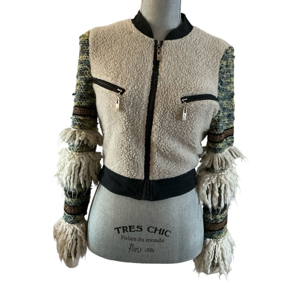TOV holy boho hippie tweed fleece crop jacket full zipper front size 38 - Picture 2 of 8